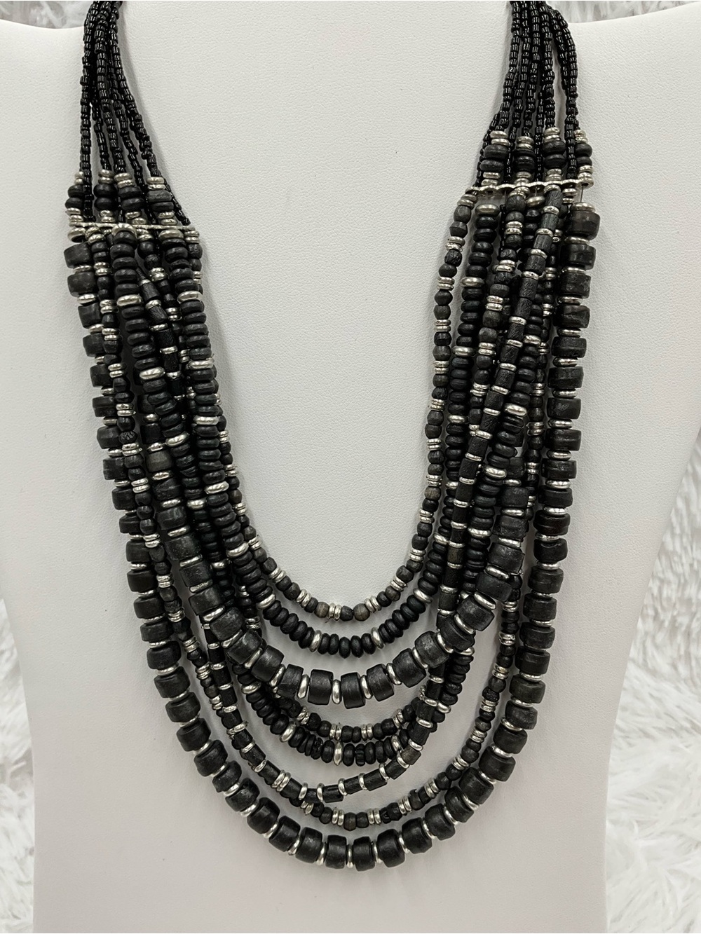 Layered Black Beaded Statement Necklace with Silver Tone Accents Adjustable